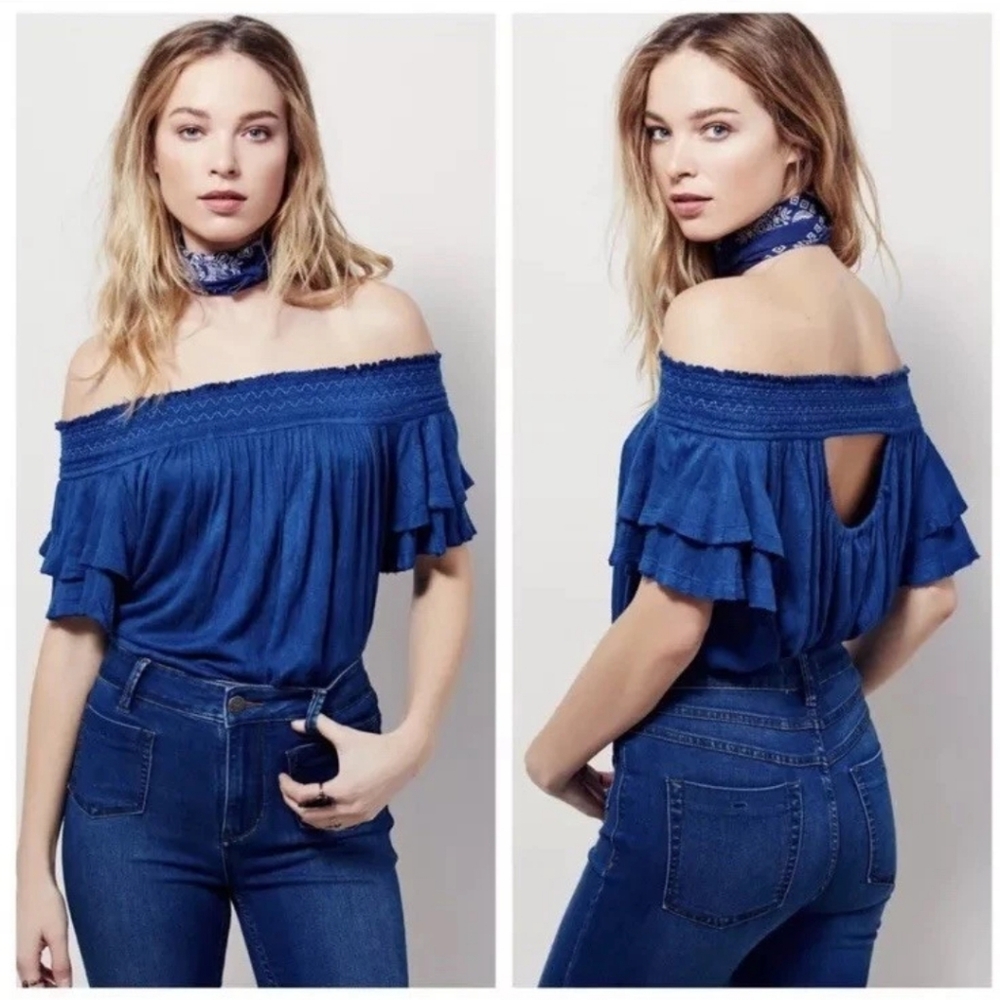 Free People Santorini Off The Shoulder Top In Sapphire Blue Cropped Size Small